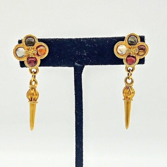 Brushed Matte Gold & Stone Pierced Drop Fashion Earrings - Picture 2 of 5